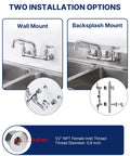 Lead-Free 8" Center Wall Mount Commercial Kitchen Faucet - 8" Swivel Spout showing wall and backsplash mounting options.