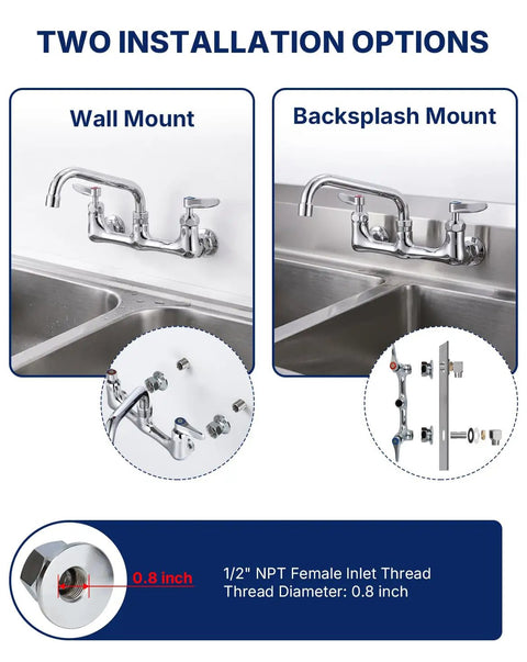 Lead-Free 8" Center Wall Mount Commercial Kitchen Faucet - 8" Swivel Spout showing wall and backsplash mounting options.