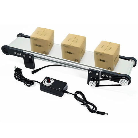 12V Desktop Conveyor Belt With Adjustable Speed From 0 To 116 RPM Compact 19.7 Inch Long by 3.9 Inch Wide Belt with boxes on top