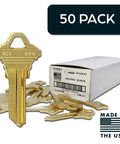 Hardy Uncut SC1 Key Blanks In Premium Brass For Home And Pro Use 50 Durable Brass Keys in a white box, smooth edges visible