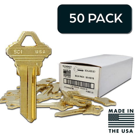 Hardy Uncut SC1 Key Blanks In Premium Brass For Home And Pro Use 50 Durable Brass Keys in a white box, smooth edges visible