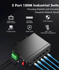 Industrial 5 Port Ethernet Switch Built Tough With 4 Local Ports And 1 Uplink, rugged aluminum, shown with connected wires