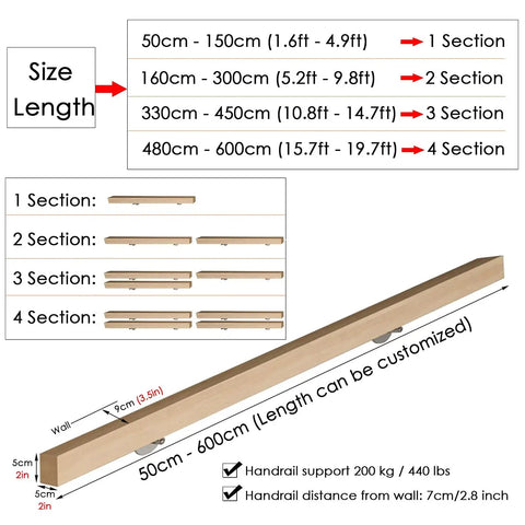 Quality Natural Wood Staircase Handrail Featuring Hella Secure Non Slip Grip Heavy Duty Wall Mount Railing Built For Indoor Outdoor Deck And Garden Quick Diy Install Kit size length chart with customizable options.