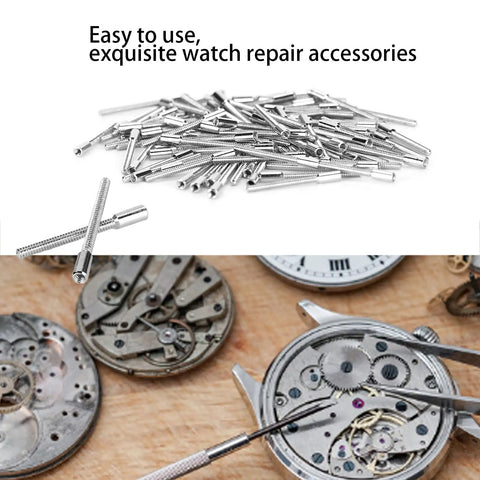 Pro Grade Watch Repair Kit With 100 Pcs 0.9mm Winding Stems And Movement Accessories displayed with watch components.