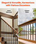 Straight Up Premium Aluminum Deck Balusters 51 Pack, 36 Inch Round Stair Spindles in indoor staircase and outdoor patio settings.