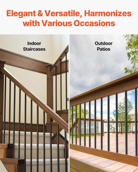 Straight Up Premium Aluminum Deck Balusters 51 Pack, 36 Inch Round Stair Spindles in indoor staircase and outdoor patio settings.