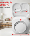Battery Operated Photoelectric Smoke Alarm With Test Button And Low Battery Warning, Dual Sensor Fire Detector For Home Safety, No Hassle Install And Fewer False Alarms From Kitchen Steam, Six Pack device measuring dimensions and coverage.