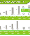 Chart showing size and quantity of 351 Piece Stainless Steel Machine Screws Nuts And Bolts Set With Case Phillips Pan Head Sizes Six Thirty Two Eight Thirty Two Ten Twenty Four 304 Stainless Includes Flat Washers Great For Home DIY Projects And Quick Repairs, including visual of various screw and nut sizes.