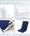 Set Of 2 Outdoor Adirondack Chair Cushions With Removable Covers And Water Repellent And Fade Resistant Faux Linen Securing Straps And Non Slip Bottom Fits Most Adirondack And Rocking Chairs In Navy being assembled, showing foam and navy covers.