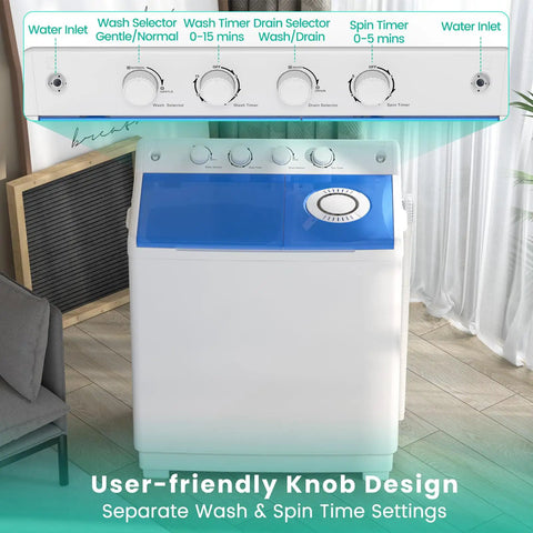 Dual Tub Portable Washing Machine With 30 Lb Wash Barrel And 18 Lb Spinner Drain Pump controls and settings for easy operation.