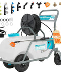 Heavy Duty 16 Gallon Battery Powered Sprayer With Wheeled Cart 0 To 90 PSI 5 To 6 Hour Spray Time 164 Foot Hose With Reel Adjustable HD Wand And 10 Nozzles Rotating Wheels With Brake For Lawn And Garden Spraying And Cleaning