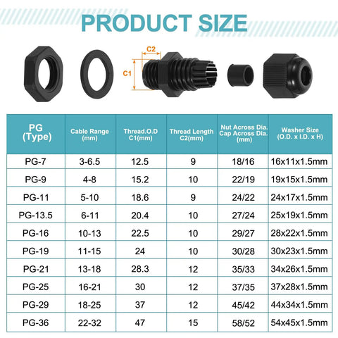 PG21 Nylon Cable Glands 10 Pack Waterproof Cord Grip Connectors With Washers Gaskets And Locknuts for 13-18mm Wire Grommets Chart