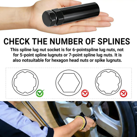 Go To Heavy Duty Large 6 Spline Lug Nut Socket For Wheel Lock Removal And Key Replacement shown holding in hand and in use on wheel