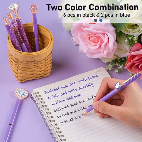 Purple Crystal Diamond Pens Set 8 Metal Pens In Different Styles With Black And Blue Ink For Journaling And Office Use For Women Glam Back To School Essentials And Girl Birthday Gift Idea, showing pens in a basket and one in use