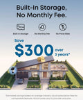 Image promoting savings with "Built-In Storage, No Monthly Fee" for 4K Solar Wireless Outdoor Security Camera With Triple Lens Bullet PTZ.