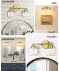 Gold Finish 2 Light Bathroom Vanity Light Over Mirror With Clear Glass Globe Shades in various home settings.