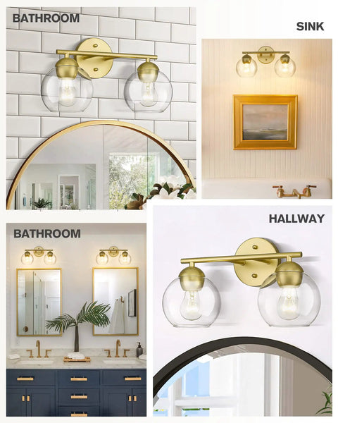 Gold Finish 2 Light Bathroom Vanity Light Over Mirror With Clear Glass Globe Shades in various home settings.