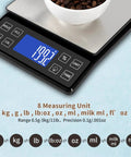 Pro Grade Digital Kitchen Scale With 0.1g 0.001oz Precision, 5kg 11lb Capacity showing coffee beans on stainless steel pan