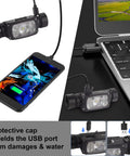 Rechargeable LED Headlamp With Motion Sensor, 1000 Lumen Beast Mode, USB charging with phone and laptop, protective cap visible