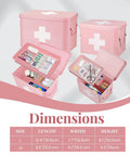 Pink Vintage 13 Inch Metal First Aid Box Organizer with removable tray, adjustable dividers, and white cross logo, shown open and closed