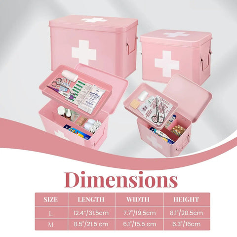 Pink Vintage 13 Inch Metal First Aid Box Organizer with removable tray, adjustable dividers, and white cross logo, shown open and closed
