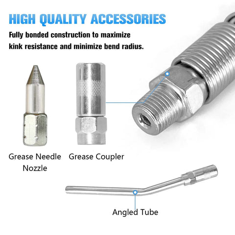 39 Inch Flexible Grease Gun Hose Kit With Spring Guard, 6 Inch Angled Tube, Standard Couplers And Sharp Type Nozzle One Eighth Inch NPT