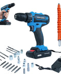 The 21V Cordless Power Drill Kit Is A Solid Heavy Lifter Featuring Brushless Motor 2 Speed Settings For Hassle Free Metal And Concrete Jobs Powered By A Rechargeable Battery That Handles Everything, showcasing a blue cordless drill with bits.
