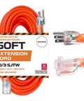 Heavy Duty Lighted Outdoor Extension Cord 50 Ft, 10 Gauge 3 Prong SJTW Weatherproof Power Cable, 15 Amp Orange