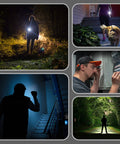 Collage of Sofirn SP10 Pro BLF Anduril2 Version Mini EDC Flashlight in various outdoor and indoor uses, showcasing its bright beam.