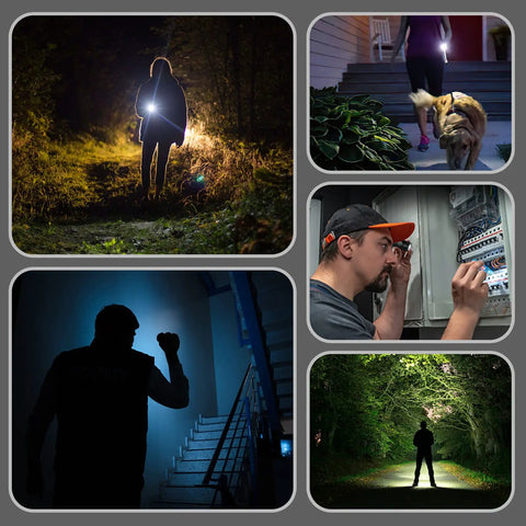 Collage of Sofirn SP10 Pro BLF Anduril2 Version Mini EDC Flashlight in various outdoor and indoor uses, showcasing its bright beam.