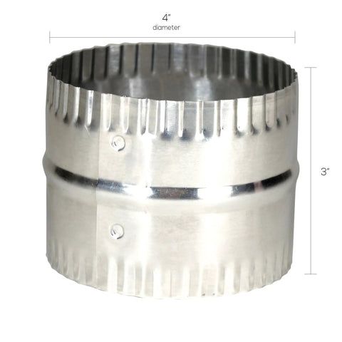 Aluminum 4 Inch Duct Connector With Bead And Crimp, 3 Inch Long, shown with crimped ends and bead, heavy duty silver finish.
