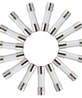 Fast Blow Glass Fuse Assortment Kit 360 Pieces 5x20mm And 6x30mm 250V 0.25A To 20A arranged in a circular pattern.