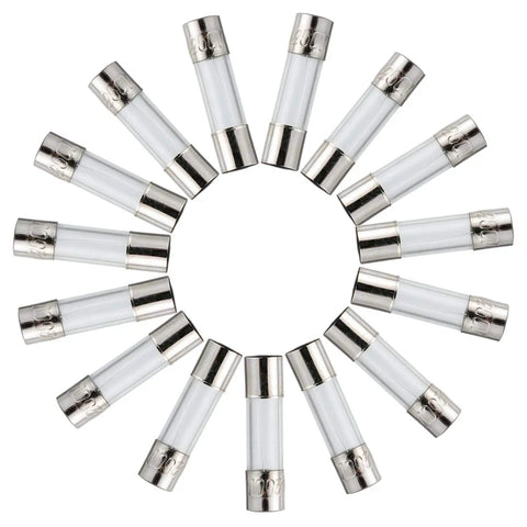 Fast Blow Glass Fuse Assortment Kit 360 Pieces 5x20mm And 6x30mm 250V 0.25A To 20A arranged in a circular pattern.