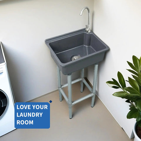 Easy Peasy Plastic Utility Sink Freestanding Laundry Tub 17 X 13 Inch Grey Slop Basin With Drain Opening For Garage Gym Or Basement Quick Rinse Finish in a laundry room corner.