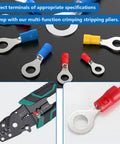 Close-up of a 200 Pcs Insulated Ring Terminals Assortment Set with red, blue, yellow terminals for electrical projects.