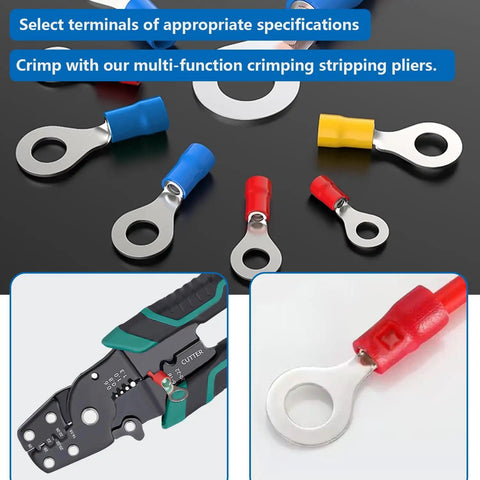 Close-up of a 200 Pcs Insulated Ring Terminals Assortment Set with red, blue, yellow terminals for electrical projects.