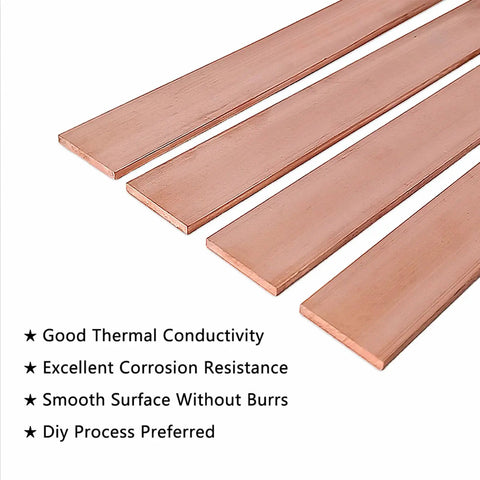Two Twelve Inch Copper Flat Bars One Eighth Inch Thick One Inch Wide 99.98 Percent Pure C110 Copper For Electrical Connectors DIY Projects Electroplating And Crafting High Conductivity Bar Set shown with product features