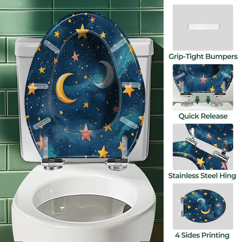 Elongated Resin Toilet Seat for Bathroom with starry night design, grip-tight bumpers, and quick release hinges.