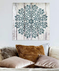 Tree Of Life Mandala Wall Stencil 36 Inch Large Reusable Laser Cut Mylar Template displayed on a rustic white wooden panel