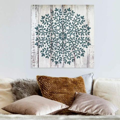 Tree Of Life Mandala Wall Stencil 36 Inch Large Reusable Laser Cut Mylar Template displayed on a rustic white wooden panel
