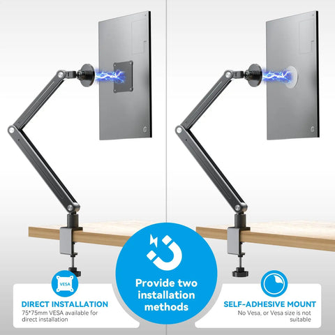 Magnetic Portable Monitor Arm With 360 Degree Swivel Heavy Duty Aluminum Desk Clamp 75 By 75 VESA Support Fits 8.3 To 18.5 Inch Monitors And Tablets Cable Clips For A Clean Desk Setup showing direct and adhesive installation methods