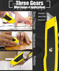 Box Cutter Set 4 Pack Retractable Utility Knives for DIY and Home Use with Ergonomic Grips, Removable Blades, Sharp and Easy Box Opener for Wallpaper, Carpet, Packaging, and Light Construction Projects yellow retractable knife with three blade positions