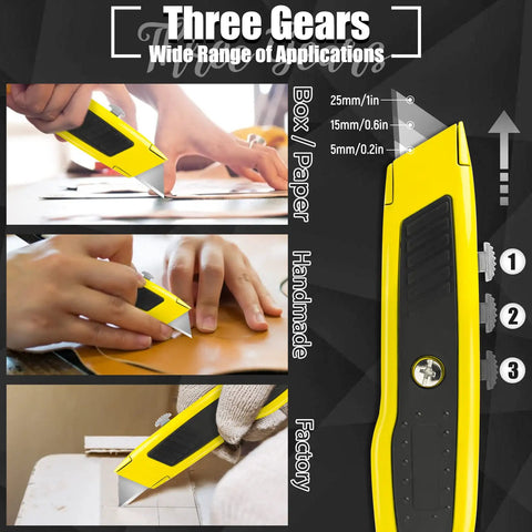 Box Cutter Set 4 Pack Retractable Utility Knives for DIY and Home Use with Ergonomic Grips, Removable Blades, Sharp and Easy Box Opener for Wallpaper, Carpet, Packaging, and Light Construction Projects yellow retractable knife with three blade positions