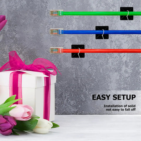 100 Pack Self Adhesive Cable Clips Black Wire Management Tackle Gnarly Power Cord Clutter Easy Peel And Stick Holders displaying colorful cables.