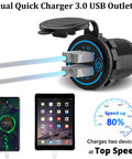 Dual Quick Charge 3.0 Auto Charger With Responsive Touch Switch Plus 12V Accessory Socket waterproof build for fast charging.
