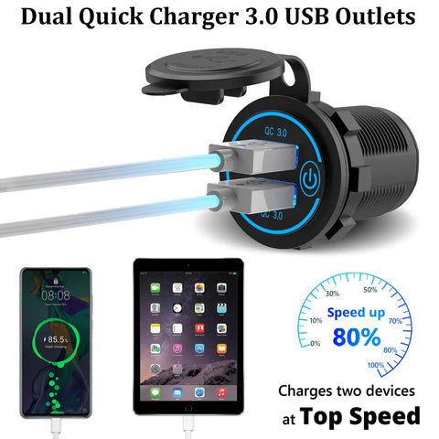 Dual Quick Charge 3.0 Auto Charger With Responsive Touch Switch Plus 12V Accessory Socket waterproof build for fast charging.