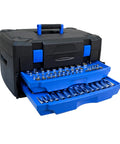 Durable Hand Tool Box With 266 Piece Universal Tool Set For Home And Garage with open blue storage drawers