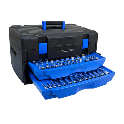 Durable Hand Tool Box With 266 Piece Universal Tool Set For Home And Garage with open blue storage drawers