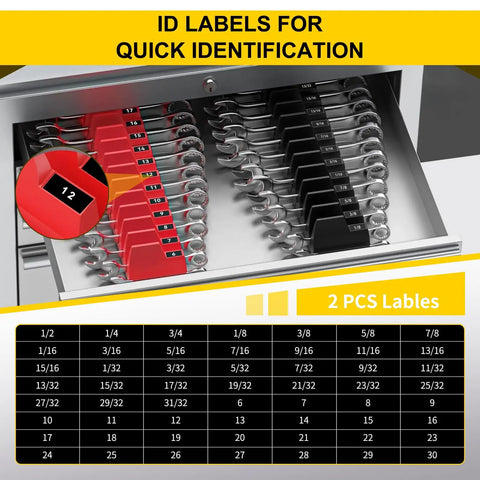 Magnetic Wrench Organizer And Collapsible Magnetic Parts Trays For SAE And Metric Tools, with labeled slots in tool drawer.