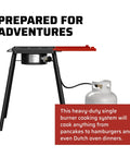 Pro 30 Single Burner Grab-and-Go Outdoor Stove With 30,000 BTU Cast Aluminum Burner shown with hose and propane tank